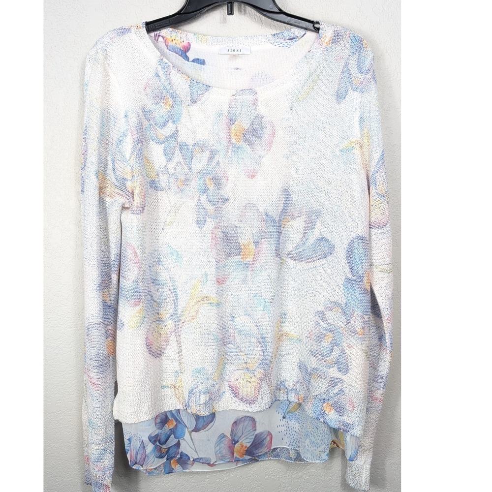 Sioni‎ Sweater Women XL White Floral Layered Chiffon Split Back Long Sleeve Knit